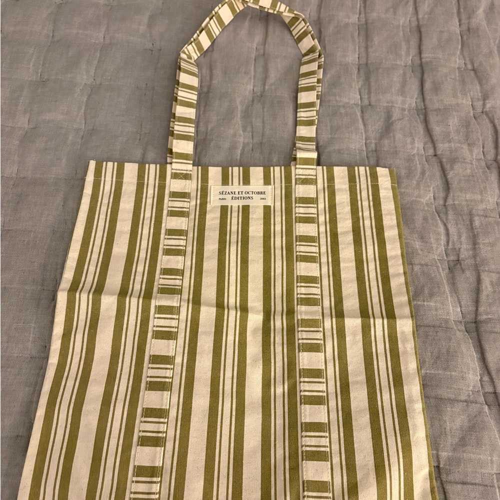 Sezane Green and Cream Striped Canvas Tote